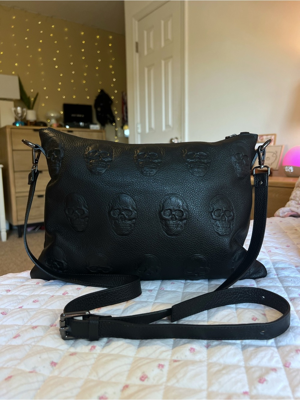 IO Pelle Black Italian Leather Skull Embossed Crossbody Shoulder Bag Purse